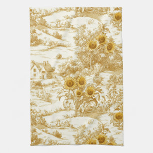Warm Gold Farmhouse Sunflower Toile Pattern Tea Towel