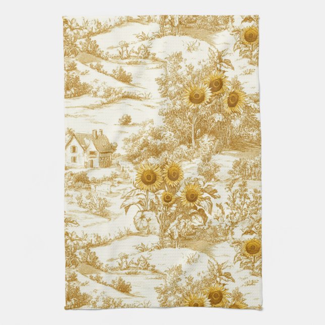Warm Gold Farmhouse Sunflower Toile Pattern Tea Towel (Vertical)