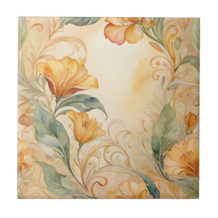 Warm Golden Nouveau with Delicate Floral Ceramic Tile