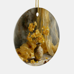 Warm Golden Yellow Flower Bouquet Still Life Keeps Ceramic Ornament