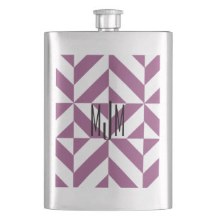 Warm Grape Monogram Geometric Deco Cube Pattern Hip Flask