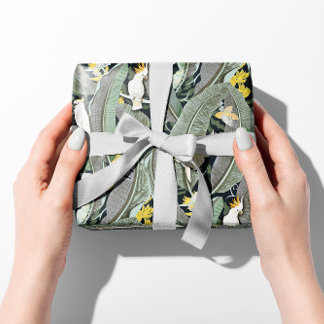 Warm Green Banana Leaf Oasis with Cockatoos Wrapping Paper