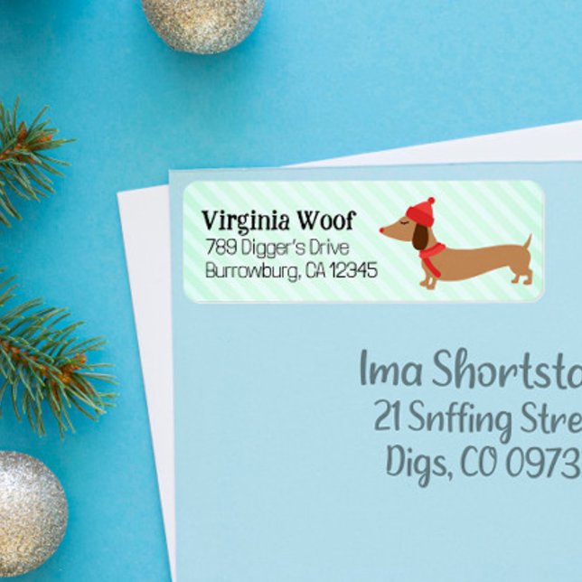 Warm Green Doxie Christmas Card Address Labels  (Dachshund Christmas address labels
)