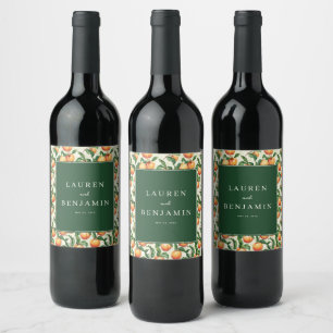 Warm Green Peach Illustration Border Wine Label