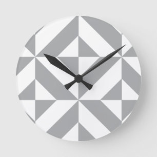 Warm Grey Geometric Deco Cube Pattern Round Clock
