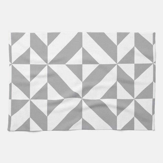 Warm Grey Geometric Deco Cube Pattern Tea Towel (Horizontal)