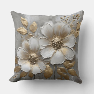 Warm Grey Gold White Modern Rustic Floral Cushion