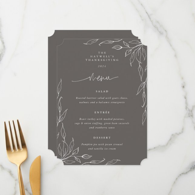 Warm Grey Leaf Motif Thanksgiving Dinner Menu (Front/Back In Situ)