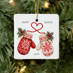 Warm Hearts Scandinavian Christmas Mittens Ceramic Ornament