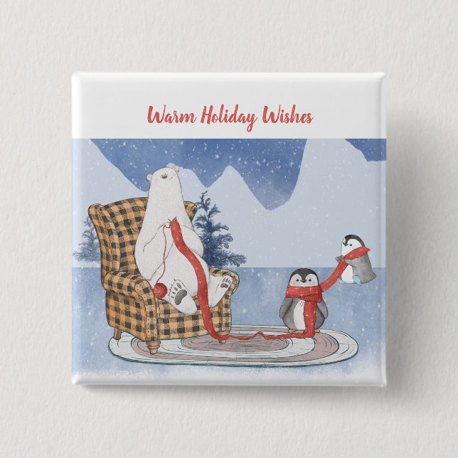 Warm Holiday Wishes Polar Bear Penguins Knit 15 Cm Square Badge (Front)