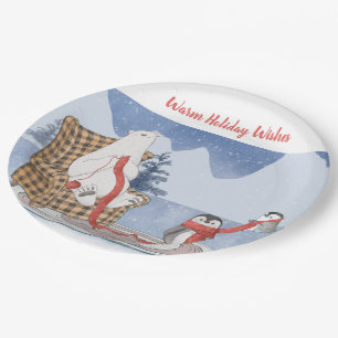 Warm Holiday Wishes Polar Bear Penguins Knit Paper Plate