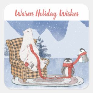 Warm Holiday Wishes Polar Bear Penguins Knit Square Sticker