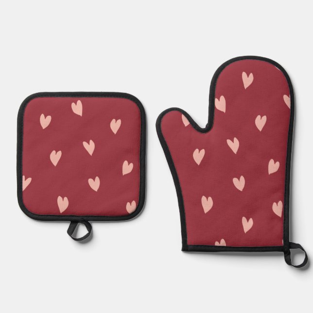 Warm Hug Red Pink Silver Quilted  Oven Mitt & Pot Holder Set (Front)