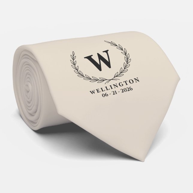 Warm Ivory Black Laurel Monogram Wedding Date Tie (Rolled)