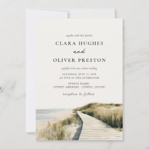 Warm Ivory Sand Ocean Script Cape Cod Wedding  Invitation