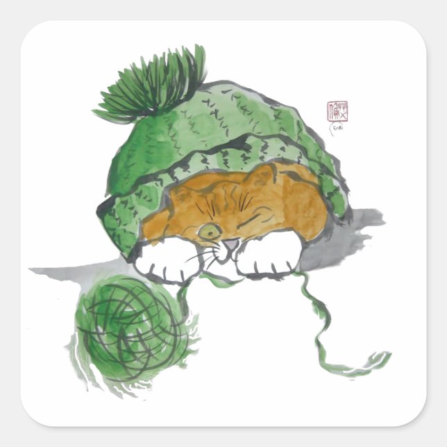 Warm Knit Cap and a Kitten Square Sticker (Front)