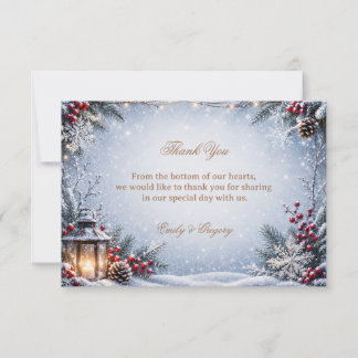 Warm Lantern Amidst Snowy Evergreens Thank You Card