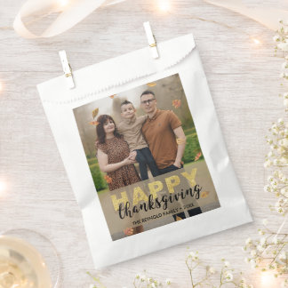 Warm Leaves Gold Script Happy Thanksgiving | Photo Favour Bag