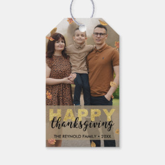 Warm Leaves Gold Script Happy Thanksgiving | Photo Gift Tags