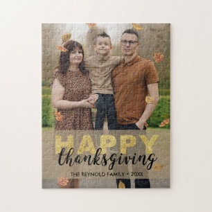Warm Leaves Gold Script Happy Thanksgiving   Photo Jigsaw Puzzle