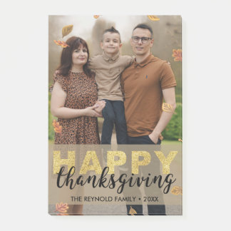 Warm Leaves Gold Script Happy Thanksgiving | Photo Post-it Notes