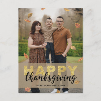 Warm Leaves Gold Script Happy Thanksgiving | Photo Postcard