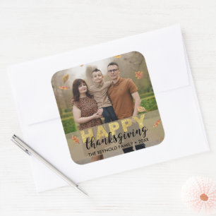 Warm Leaves Gold Script Happy Thanksgiving Photo Square Sticker