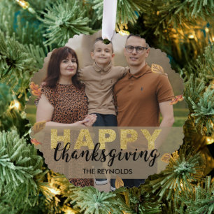 Warm Leaves Gold Script Happy Thanksgiving Photo Tree Decoration Card