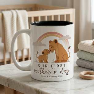 Warm Lion Mom Baby First Mothers Day Calm Love Art Two-Tone Coffee Mug