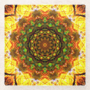 Warm Mandala Art With Green Shapes Glass Coaster