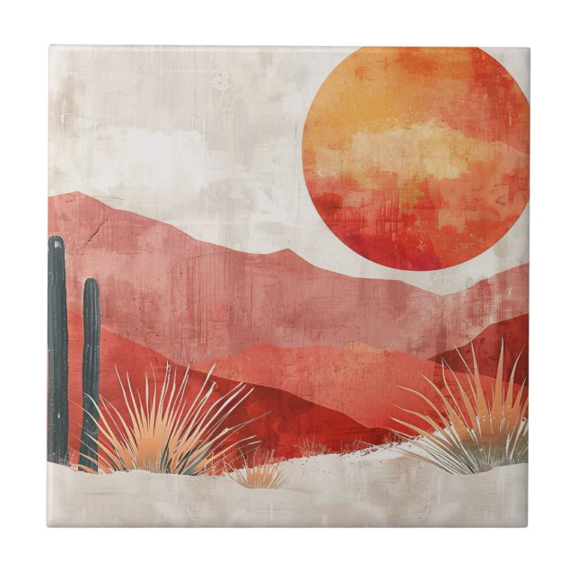Warm Minimalist - Abstract Boho Desert Landscape Ceramic Tile (Front)