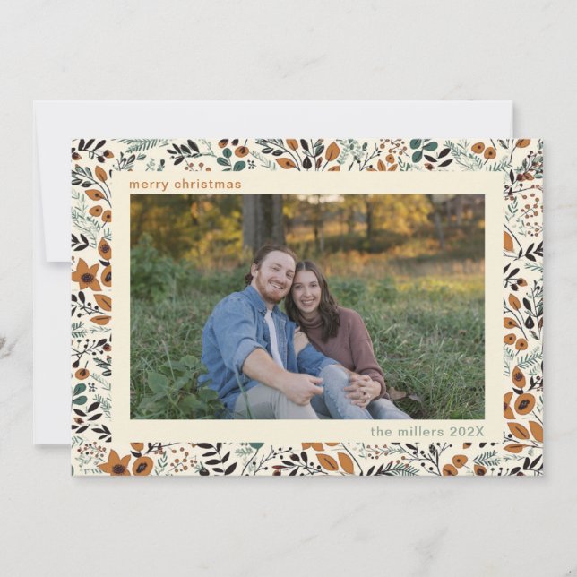 Warm Modern Floral Family Photo Christmas Card (Front)
