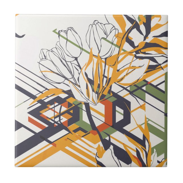 Warm Mustard Geometric Floral with Tulip Details Ceramic Tile (Front)