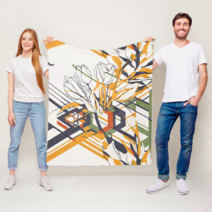 Warm Mustard Geometric Floral with Tulip Details Fleece Blanket