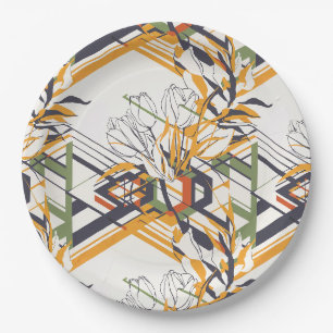 Warm Mustard Geometric Floral with Tulip Details Paper Plate