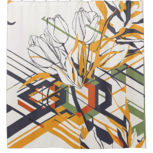 Warm Mustard Geometric Floral with Tulip Details Shower Curtain
