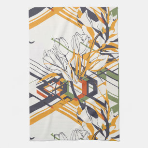Warm Mustard Geometric Floral with Tulip Details Tea Towel
