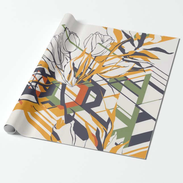 Warm Mustard Geometric Floral with Tulip Details Wrapping Paper (Unrolled)