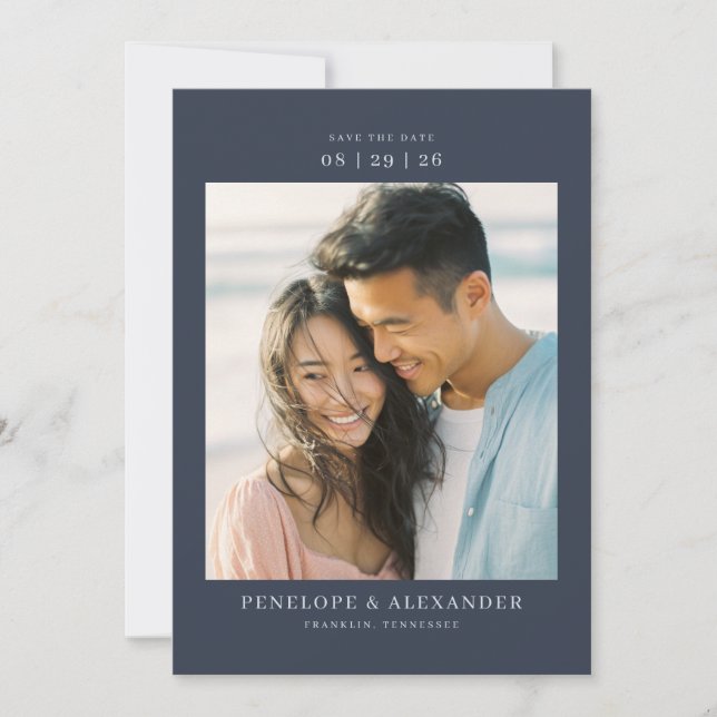 Warm Navy Minimalist Photo Save The Date (Front)