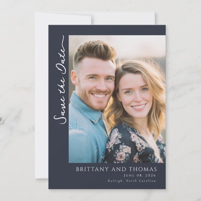 Warm Navy Minimalist Photo Save The Date (Front)