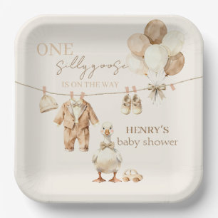 Warm Neutral Goose Baby Boy Shower Paper Plate