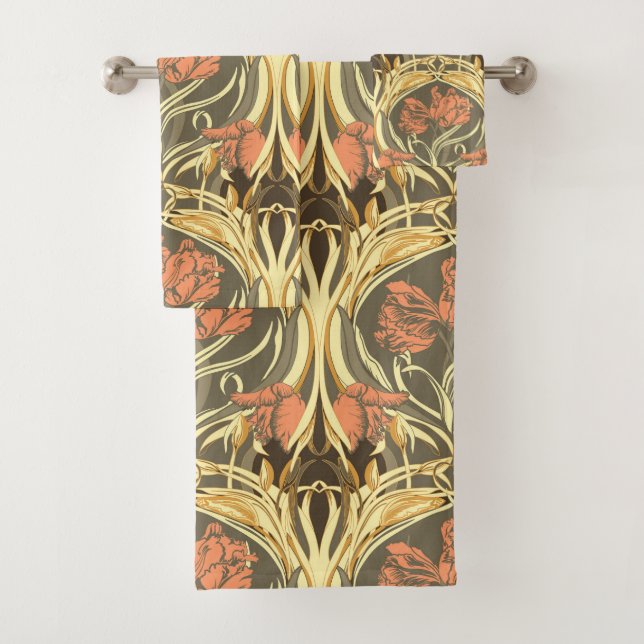 Warm Neutrals and Blush Art Nouveau Bath Towel Set (Insitu)