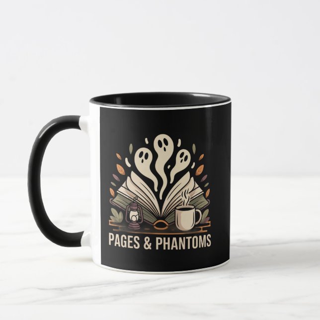 Warm Olive Pages & Phantoms Spooky Reader Book Mug (Left)