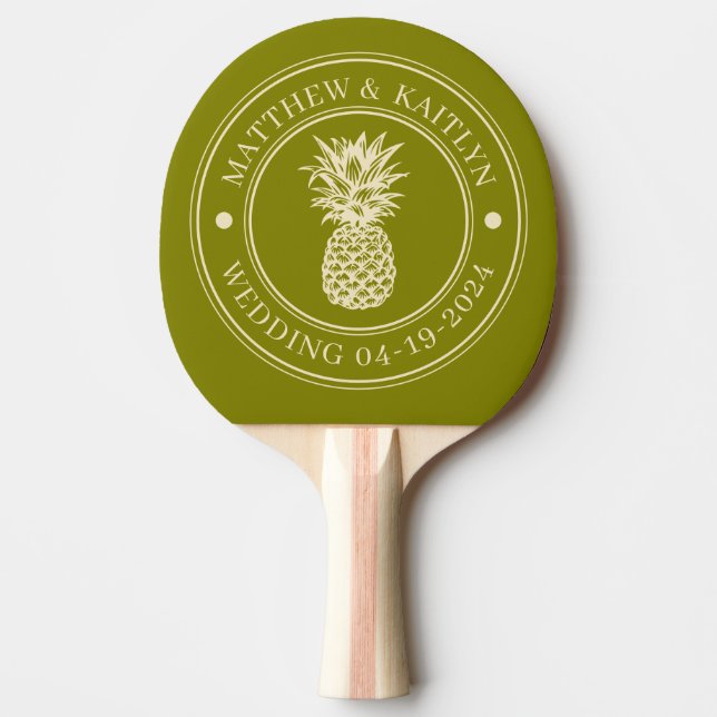 Warm Olive Pineapple Wedding Crest & Name Ping Pong Paddle (Front)