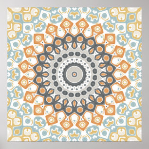 Warm Orange and Gray Geometric Mandala Pattern Poster