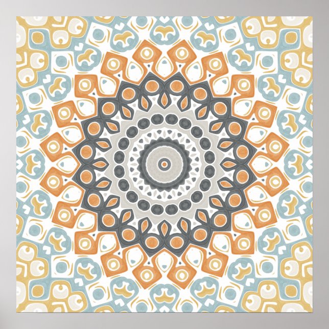 Warm Orange and Grey Geometric Mandala Pattern Poster (Front)