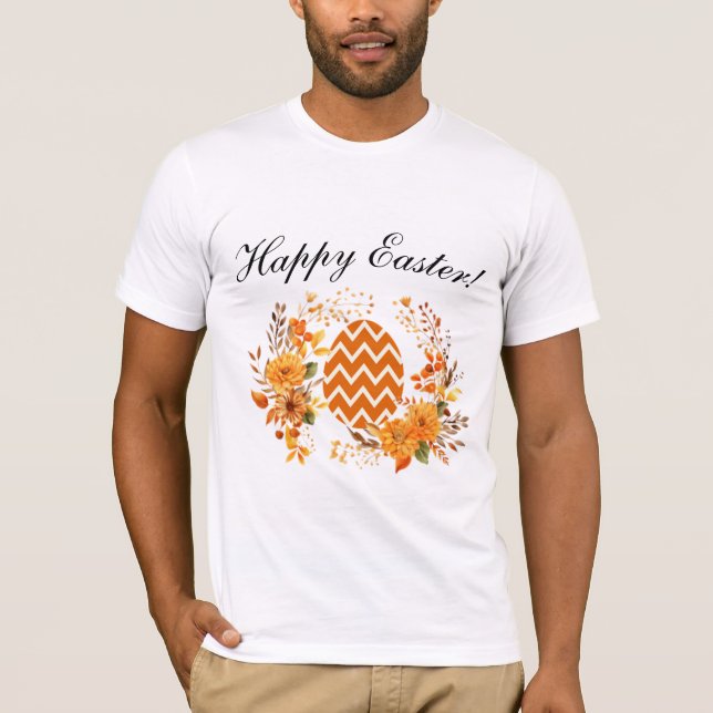 Warm Orange Egg & Floral Wreath Happy Easter  T-Shirt (Front)