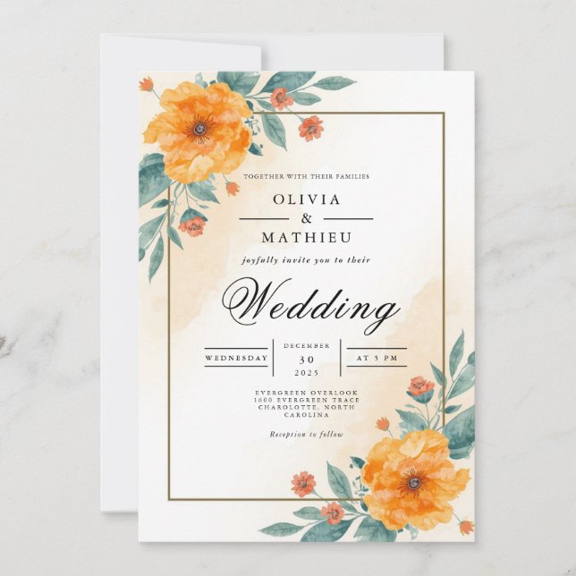 Warm Orange Floral Arch Wedding Invitation (Front)