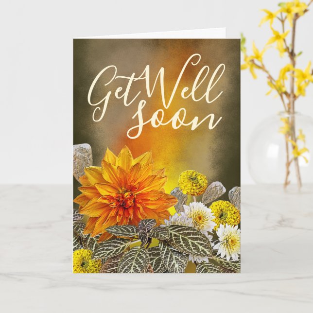 Warm Orange Floral Get Well Soon Personalized Card (Yellow Flower)