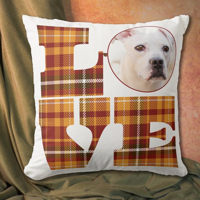 Warm Orange Red Brown Plaid Love Saying Photo  Cushion (Orange Red Brown Plaid Love Saying Photo Pillow with Pet or Family Member Photo)